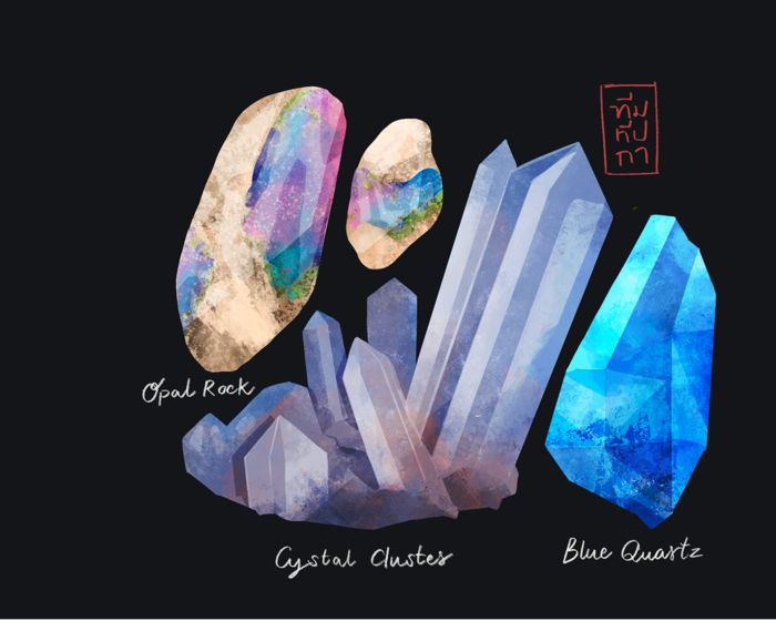 Opal, crystal cluster, blue quartz