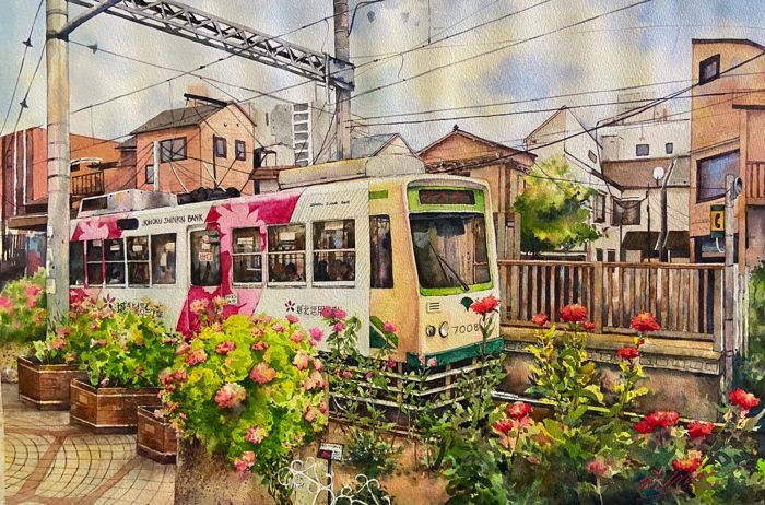 Watercolor tokyo tram arakawa